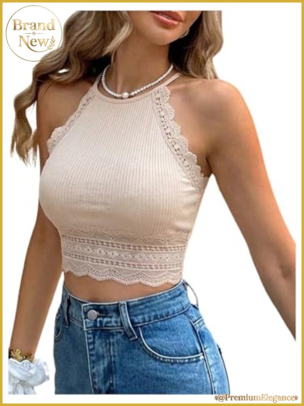 Ribbed Halter Neck Crop Tank Top with Lace Trim Sleeveless Fitted Summer